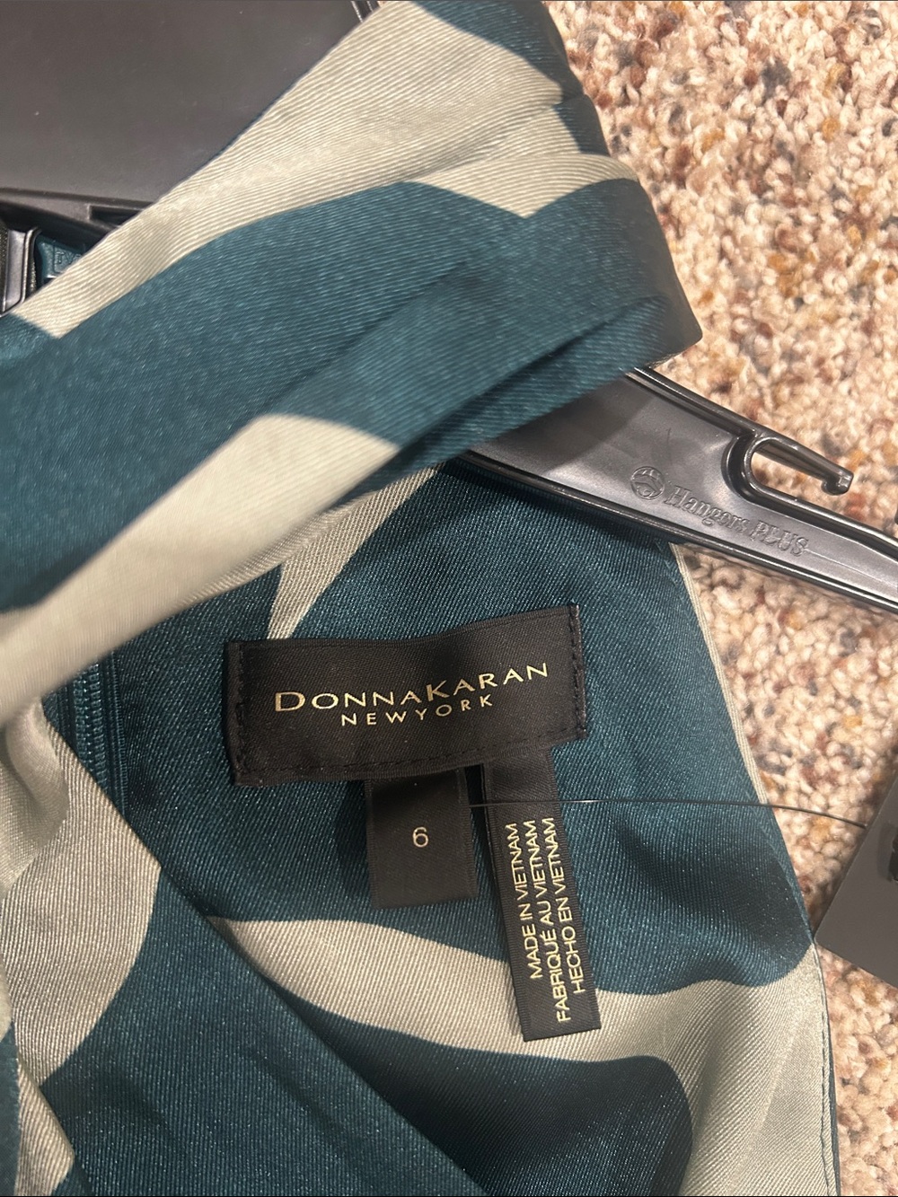 Donna Karan One-Shoulder Halter Midi Dress in Teal and Light Gray Leaf Print - Picture 2 of 4